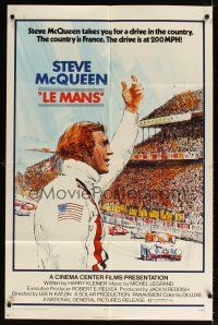 3h554 LE MANS 1sh '71 great Tom Jung artwork of race car driver Steve McQueen waving at fans!