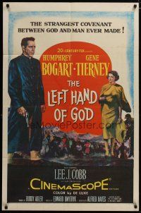 3h556 LEFT HAND OF GOD 1sh '55 artwork of priest Humphrey Bogart holding gun + sexy Gene Tierney!