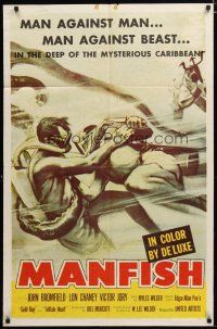 3h597 MANFISH 1sh '56 aqua-lung divers in death struggle with each other & sea creatures!