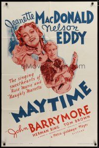 3h607 MAYTIME 1sh R62 close up of singing sweethearts Jeanette MacDonald & Nelson Eddy!