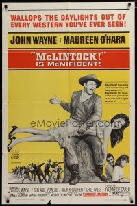 3h609 McLINTOCK 1sh '63 best image of John Wayne giving Maureen O'Hara a spanking!