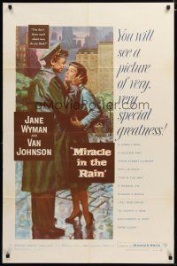 3h620 MIRACLE IN THE RAIN 1sh '56 great romantic art of Jane Wyman & Van Johnson!