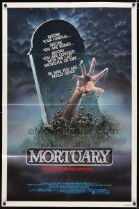 3h634 MORTUARY 1sh '83 Satanic cult, cool artwork of hand reaching up from grave!