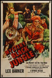 3h650 MYSTERY OF THE BLACK JUNGLE 1sh '55 art of Lex Barker w/rifle by tiger hunting in India!