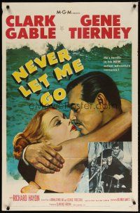3h658 NEVER LET ME GO 1sh '53 romantic close up artwork of Clark Gable & sexy Gene Tierney!