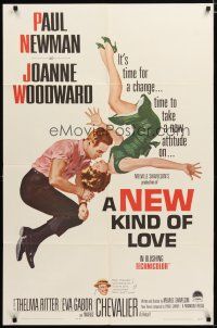 3h659 NEW KIND OF LOVE 1sh '63 Paul Newman loves Joanne Woodward, great romantic image!
