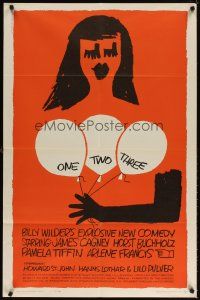 3h677 ONE, TWO, THREE 1sh '62 Billy Wilder, James Cagney, Saul Bass art of girl w/balloons!