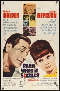 3h689 PARIS WHEN IT SIZZLES 1sh '64 close-ups of pretty Audrey Hepburn & William Holden!