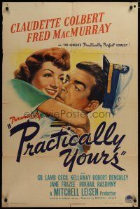 3h715 PRACTICALLY YOURS style A 1sh '44 Claudette Colbert hugging Air Force pilot Fred MacMurray!