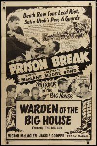 3h724 PRISON BREAK 1sh R51 Barton MacLane & Glenda Farrell, Ward Bond, Warden of the Big House!