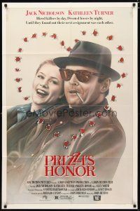 3h726 PRIZZI'S HONOR 1sh '85 cool art of smoking Jack Nicholson & Kathleen Turner w/bullet holes!