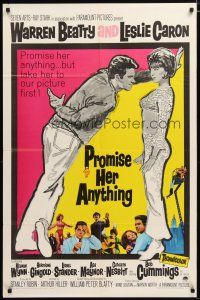 3h729 PROMISE HER ANYTHING 1sh '66 art of Warren Beatty w/fingers crossed & pretty Leslie Caron!