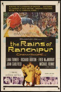 3h731 RAINS OF RANCHIPUR 1sh '55 Lana Turner, Richard Burton, rains couldn't wash their sin away!