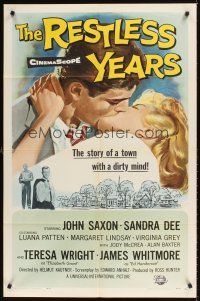 3h740 RESTLESS YEARS 1sh '58 John Saxon & Sandra Dee are condemned by a town with a dirty mind!