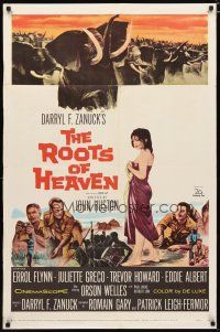 3h749 ROOTS OF HEAVEN 1sh '58 directed by John Huston, Errol Flynn & sexy Julie Greco in Africa!