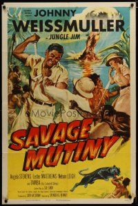 3h755 SAVAGE MUTINY 1sh '53 art of Johnny Weissmuller as Jungle Jim w/pretty Angela Stevens!