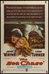 3h758 SEA CHASE 1sh '55 great seafaring artwork of John Wayne & Lana Turner + ship!
