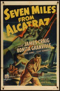 3h767 SEVEN MILES FROM ALCATRAZ 1sh '42 cool stone litho of James Craig escaping with gun!