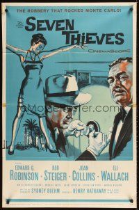 3h770 SEVEN THIEVES 1sh '59 cool art of Edward G. Robinson, Rod Steiger & sexy Joan Collins!