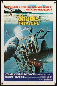 3h774 SHARKS' TREASURE style J int'l 1sh '75 cool photo of scuba divers in cage attacked by sharks!