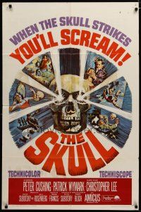 3h784 SKULL 1sh '65 Peter Cushing, Christopher Lee, cool horror artwork of creepy skull!