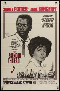 3h789 SLENDER THREAD 1sh '66 Sidney Poitier keeps Anne Bancroft from committing suicide!