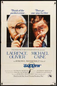 3h790 SLEUTH int'l 1sh '72 close-ups of Laurence Olivier & Michael Caine with magnifying glasses!