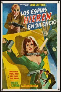 3h813 SPIES STRIKE SILENTLY Spanish/U.S. 1sh '66 Lang Jeffries, Danieli, art of woman in peril!