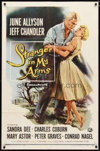 3h831 STRANGER IN MY ARMS 1sh '59 art of Jeff Chandler holding pretty June Allyson!