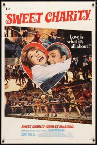 3h849 SWEET CHARITY 1sh '69 Bob Fosse musical starring Shirley MacLaine, it's all about love!