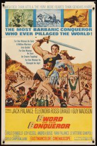 3h857 SWORD OF THE CONQUEROR 1sh '62 great art of Jack Palance as barbarian holding sexy girl!