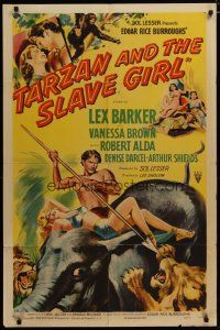 3h860 TARZAN & THE SLAVE GIRL style A 1sh '50 Lex Barker on elephant fighting off lions with spear!