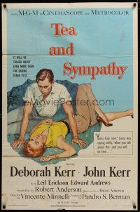 3h863 TEA & SYMPATHY 1sh '56 great artwork of Deborah Kerr & John Kerr by Gale, classic tagline!