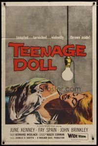3h865 TEENAGE DOLL 1sh '57 sexy Fay Spain, a tempted & tarnished bad girl violently thrown aside!
