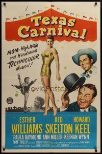 3h869 TEXAS CARNIVAL 1sh '51 Red Skelton, art of sexy Esther Williams in skimpy outfit at fair!