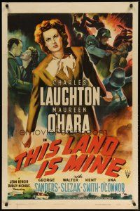3h881 THIS LAND IS MINE style A 1sh '43 Maureen O'Hara, Charles Laughton, directed by Jean Renoir!