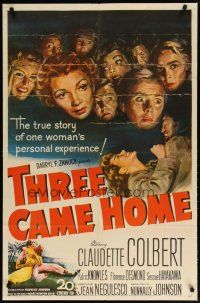 3h884 THREE CAME HOME 1sh '49 artwork of Claudette Colbert & prison women without their men!