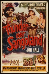 3h889 THUNDER OVER SANGOLAND 1sh '55 Jon Hall & sexy gal in Africa fighting native jungle terrors!