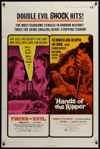 3h904 TWINS OF EVIL/HANDS OF THE RIPPER 1sh '72 fearsome females, Hammer horror double-feature!