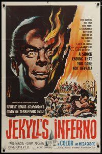 3h906 TWO FACES OF DR. JEKYLL 1sh '61 Jekyll's Inferno, cool burning face art by Reynold Brown!