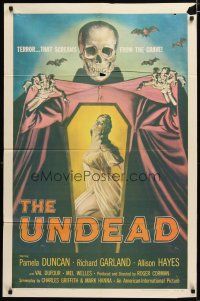 3h916 UNDEAD 1sh '57 Roger Corman, cool art of huge skeleton reaching for sexy Allison Hayes!