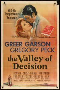 3h923 VALLEY OF DECISION 1sh '45 stone litho of pretty Greer Garson romanced by Gregory Peck!