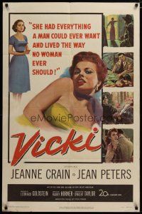 3h926 VICKI 1sh '53 if men want to look at sexy bad girl Jean Peters, she'll make them pay for it!