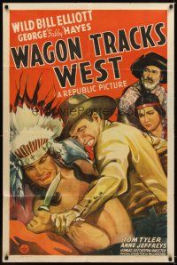 3h934 WAGON TRACKS WEST 1sh '43 cool art of Wild Bill Elliot vs. Native American, Gabby Hayes!