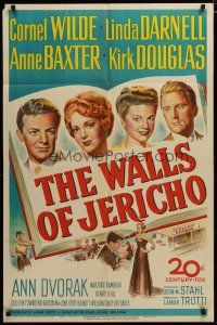 3h937 WALLS OF JERICHO 1sh '48 artwork of Cornel Wilde, Darnell, Ann Baxter & Kirk Douglas