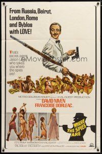 3h949 WHERE THE SPIES ARE 1sh '66 art of English secret agent David Niven, sexy babes!