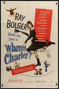 3h951 WHERE'S CHARLEY 1sh '52 great artwork of wacky cross-dressing Ray Bolger!