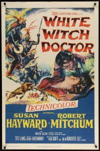 3h954 WHITE WITCH DOCTOR 1sh '53 art of Susan Hayward & Robert Mitchum in African jungle!