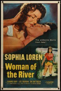 3h976 WOMAN OF THE RIVER 1sh '56 sexy full-length art of Sophia Loren & kiss close up too!