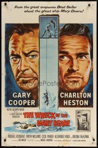 3h980 WRECK OF THE MARY DEARE 1sh '59 super close artwork of Gary Cooper & Charlton Heston!